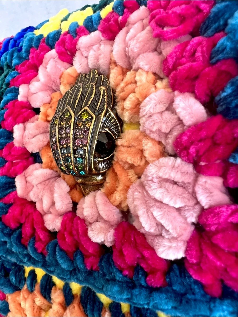 Kurt Geiger Boho Chenille Crochet Patchwork crossbody bag teal, pink yellow blue